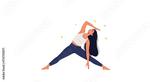A graceful woman with long dark hair practices a standing side bend yoga pose, illustrated in a clean, modern style.