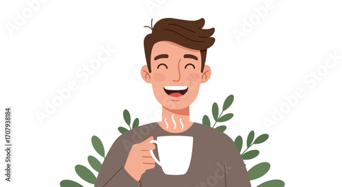 A cheerful young man with brown hair smiling while enjoying a hot drink from a white mug.