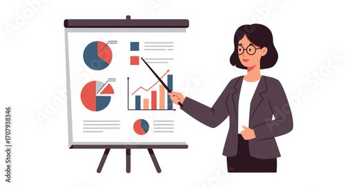 A professional businesswoman in glasses giving a presentation, pointing to various charts and graphs on a flip chart.