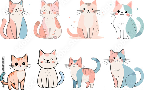 Cute pastel cat illustration collection with kawaii style adorable kitten cartoon character set perfect for children design nursery decoration animal clipart sticker and greeting card vector artwork