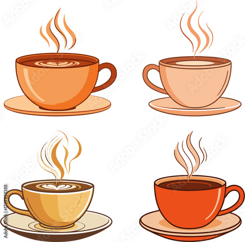 Hot coffee cup illustration collection with steam and latte art design perfect for café logo restaurant menu coffee shop branding packaging beverage clipart and morning drink vector artwork