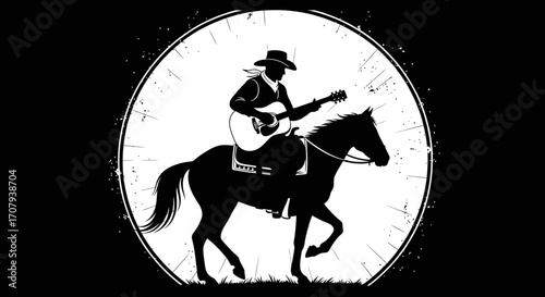 Silhouette of a Cowboy Riding a Horse and Playing Guitar, Country Music Art