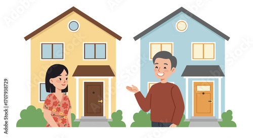 Illustration of a man and a woman as friendly neighbors standing in front of their separate suburban houses.