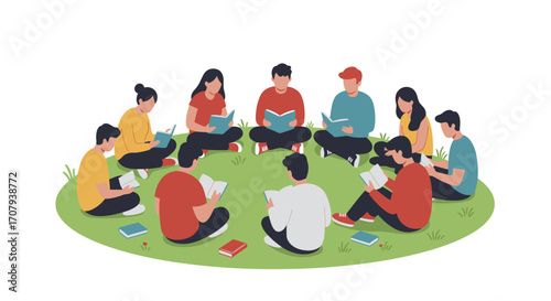 A diverse group of young people sitting in a circle on the grass, reading books together in an outdoor book club or study session.