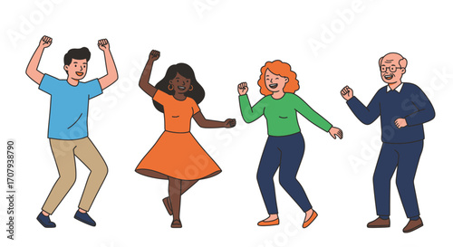 A diverse group of four people of different ages and ethnicities dancing joyfully together on a white background.