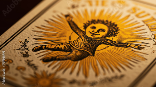 A close-up of The Sun card with a radiant sun and joyful child