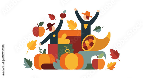 Happy Thanksgiving Harvest Celebration with People and Pumpkins.