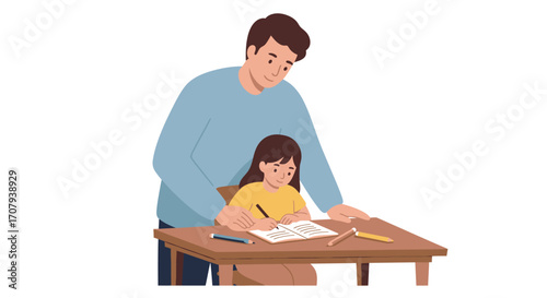 A caring father stands behind his young daughter, helping her with homework as she writes at a wooden desk.