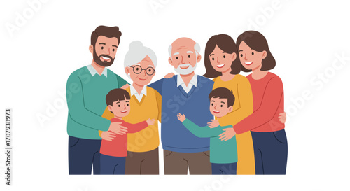 A happy three-generation family portrait with grandparents, parents, and two young boys hugging and smiling together.