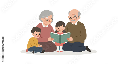 Elderly grandparents reading a storybook together with their two young grandchildren, a boy and a girl, sitting on the floor.