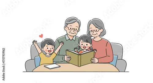 An elderly couple, grandparents, reading a storybook to their two happy grandchildren, a boy and a girl, while sitting together on a sofa.