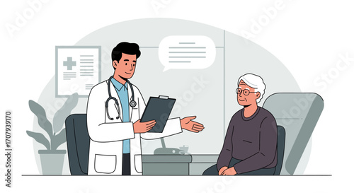 A compassionate male doctor in a white coat discusses a medical report with an elderly female patient in a modern clinic illustration.