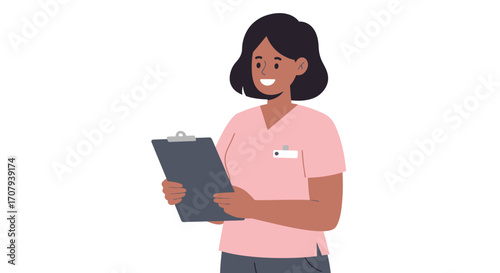 An illustration of a smiling female nurse in pink scrubs holding a clipboard, isolated on a white background.