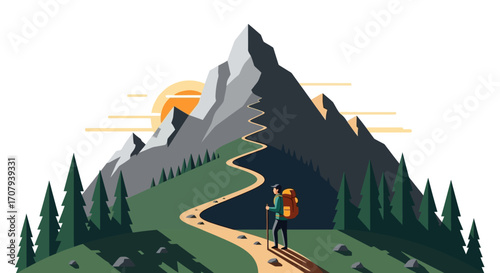 Hiker on a winding mountain trail at sunset.