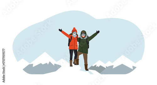 A happy couple in winter gear with backpacks celebrates reaching a snowy mountain summit.