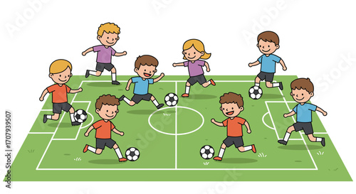 A group of cartoon children, boys and a girl, playing a soccer game on a green field.