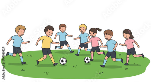 A group of diverse children happily playing a soccer game together on a green field.