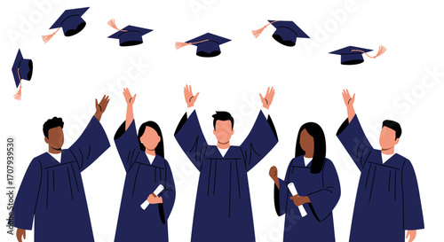 A diverse group of university graduates in gowns celebrating by throwing their caps in the air.