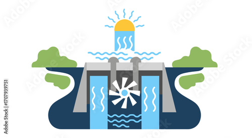 Hydroelectric Dam Power Generation with Turbine and Water Flow.