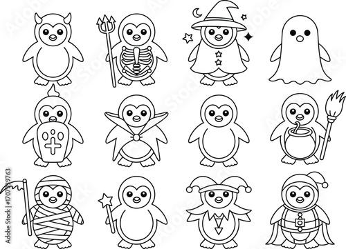 Cute cartoon penguins dressed in various Halloween costumes for trick or treating