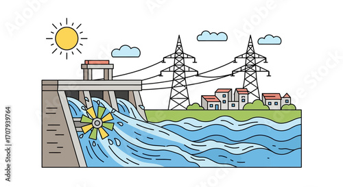 Hydroelectric Dam Power Generation with Turbine and Water Flow.