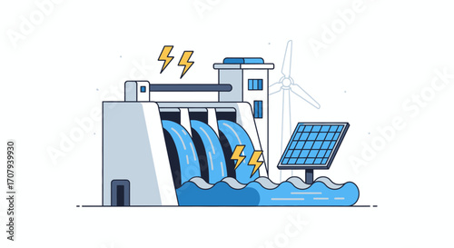 Hydroelectric Dam with Solar Panel and Wind Turbine Generating Clean Energy.