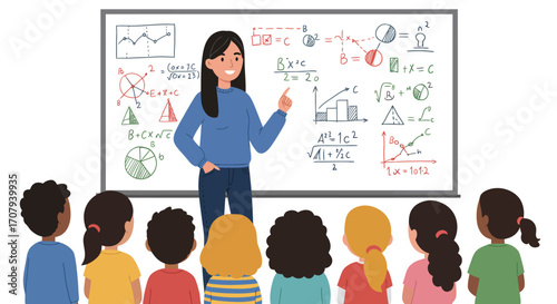 A female teacher explaining mathematics on a whiteboard to a diverse group of young elementary students in a classroom.
