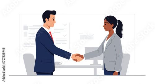 A businessman and a businesswoman in formal attire shaking hands in a modern office setting.