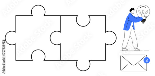 Two joined puzzle pieces, person holding light bulb as idea, and email notification with 3 alerts. Ideal for collaboration, teamwork, innovation, communication, problem-solving, creativity