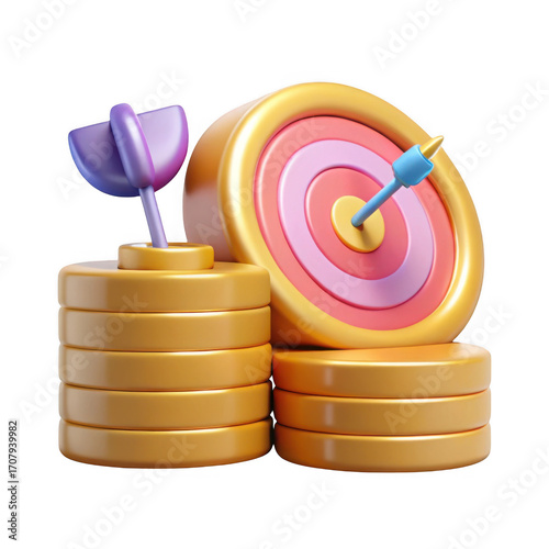 3d target and coins for success isolated on transparent background