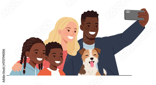 A happy multiracial family with two children and a dog taking a selfie together with a smartphone.