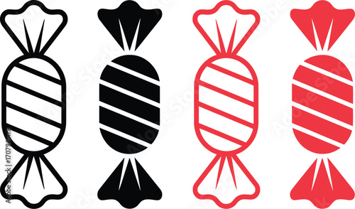 Sweet treats, colorful wrapped candies in red and black icons