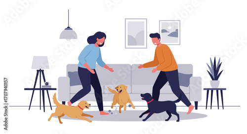 A happy young couple playing with their three adorable dogs in a cozy, modern living room.