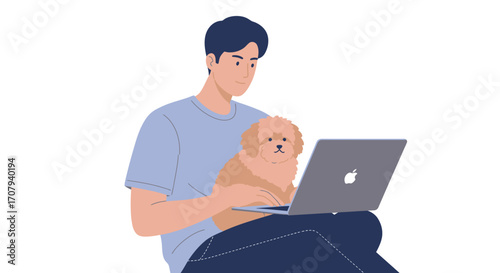 A young man working on a laptop computer with a cute, fluffy dog sitting comfortably on his lap.