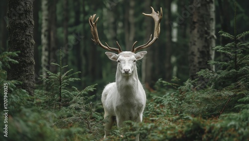 Majestic white deer with large antlers standing in lush forest, wildlife photography for nature concepts