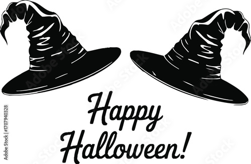 Two spooky witch hats with Happy Halloween greeting