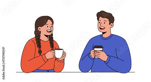 A happy young man and woman enjoying a friendly conversation over coffee, smiling at each other at a table.