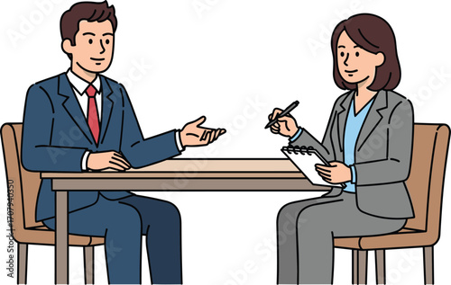 Business meeting, professional discussion, interview process, job candidate, recruiter taking notes, corporate environment, formal attire, teamwork, office 