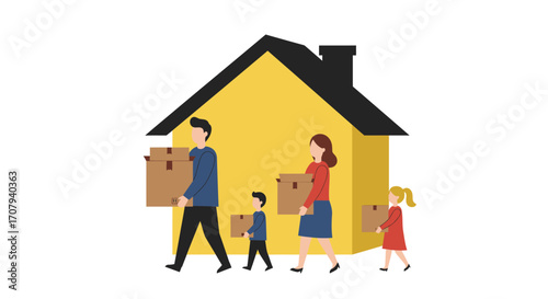 A family with two children carrying cardboard boxes while moving into their new yellow house.