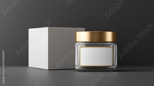 A luxurious square glass cosmetic jar with a gold lid and blank white label, next to its cream-colored packaging box on a dark background.