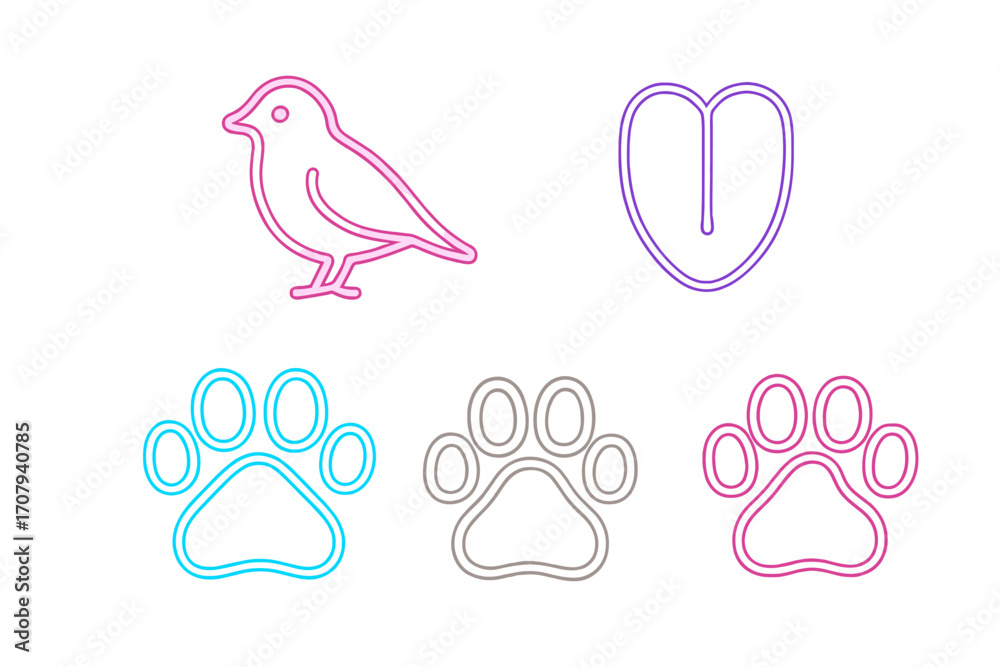 Fototapeta premium Minimalist bird and paw print symbols in vibrant colors, perfect for animal themed designs and pet care concepts