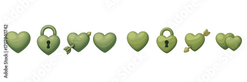 Diverse green heart designs with smooth textures, some featuring keyholes and others pierced by golden arrows