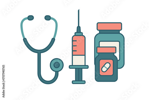 Collection of essential medical equipment and pharmaceutical supplies for healthcare, including stethoscope, syringe, and medicine bottles