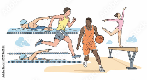 Illustration of diverse athletes participating in different sports activities.