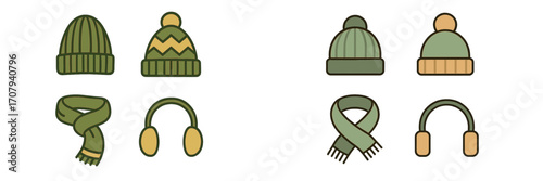 Variety of warm winter headwear, neckwear, and ear protection accessories for chilly weather and seasonal comfort
