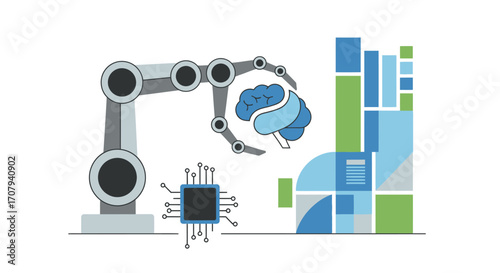 Industrial automation concept with robotic arm and artificial intelligence.