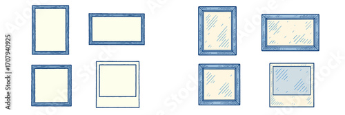 Set of stylized hand-drawn picture frames and decorative mirrors in various rectangular shapes and orientations