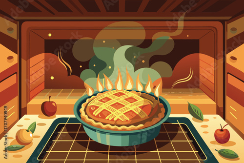 A delicious apple pie is baking in the oven with steam and flames in a warm kitchen