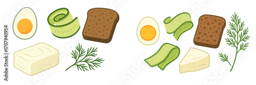 Fresh ingredients for healthy breakfast or snack, including boiled egg, sliced cucumber, dark bread, cheese, and aromatic dill sprigs