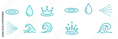 Simple graphic elements depicting water in different forms and motions, including droplets, waves, and spray